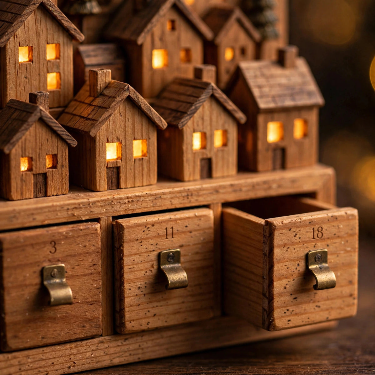 Lighted Advent Calendar Village — 24 Drawers with Warm LEDs