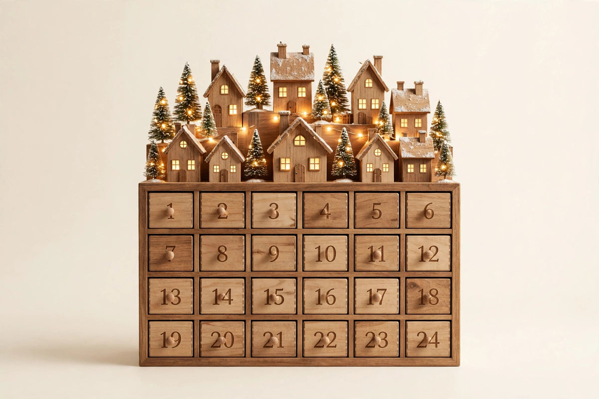 Lighted Advent Calendar Village — 24 Drawers with Warm LEDs