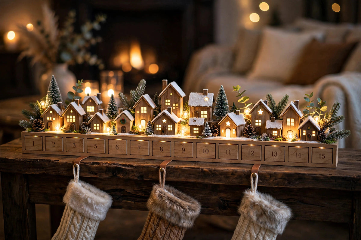 Lighted Advent Calendar Village — 24 Drawers with Warm LEDs