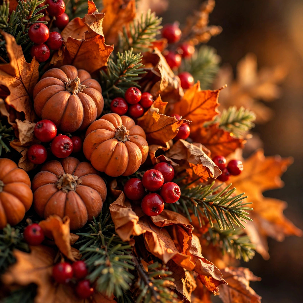 Autumn Harvest Wreath — Mini Pumpkins, Red Berries & Fall Leaves