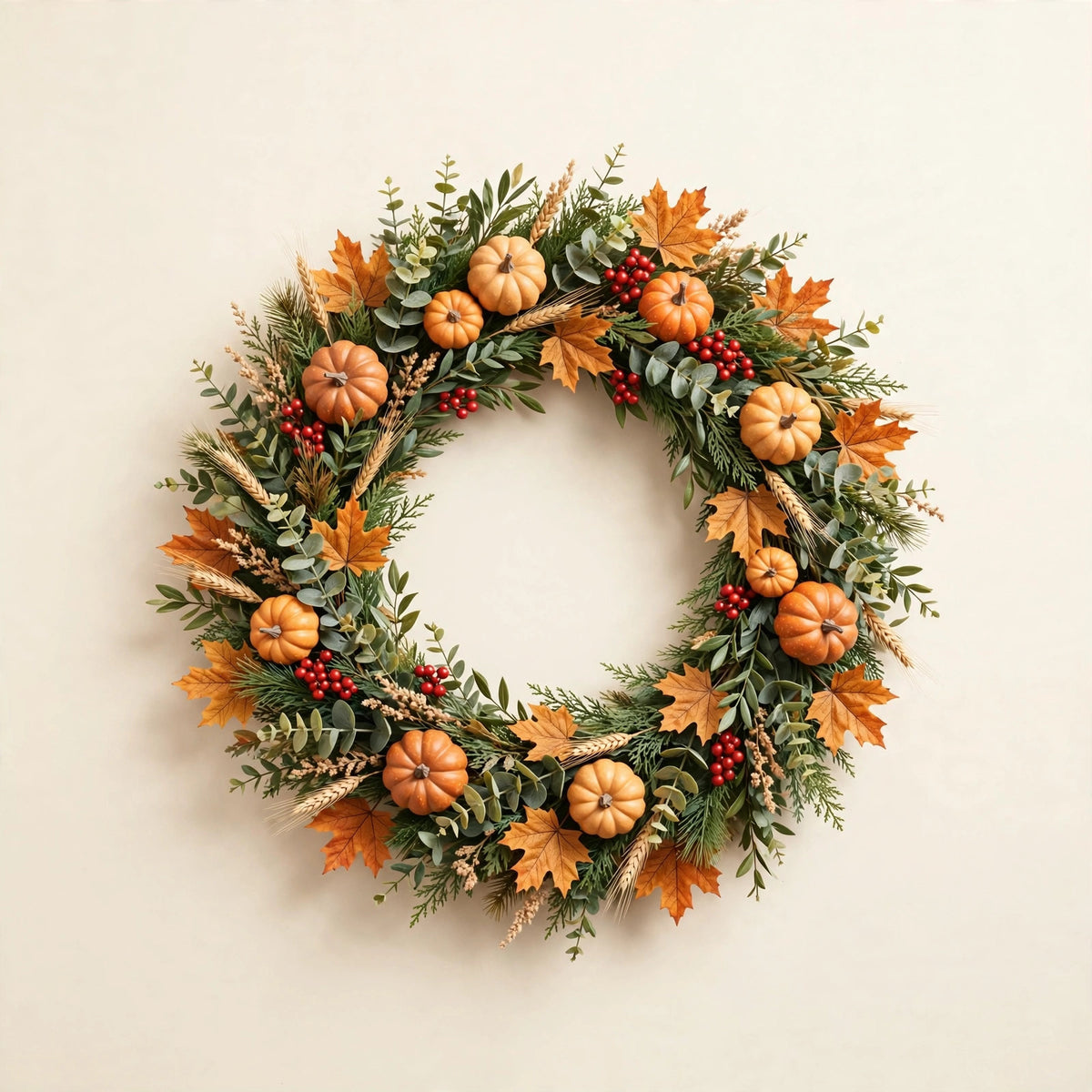 Autumn Harvest Wreath — Mini Pumpkins, Red Berries & Fall Leaves