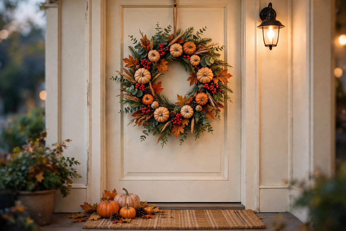 Autumn Harvest Wreath — Mini Pumpkins, Red Berries & Fall Leaves