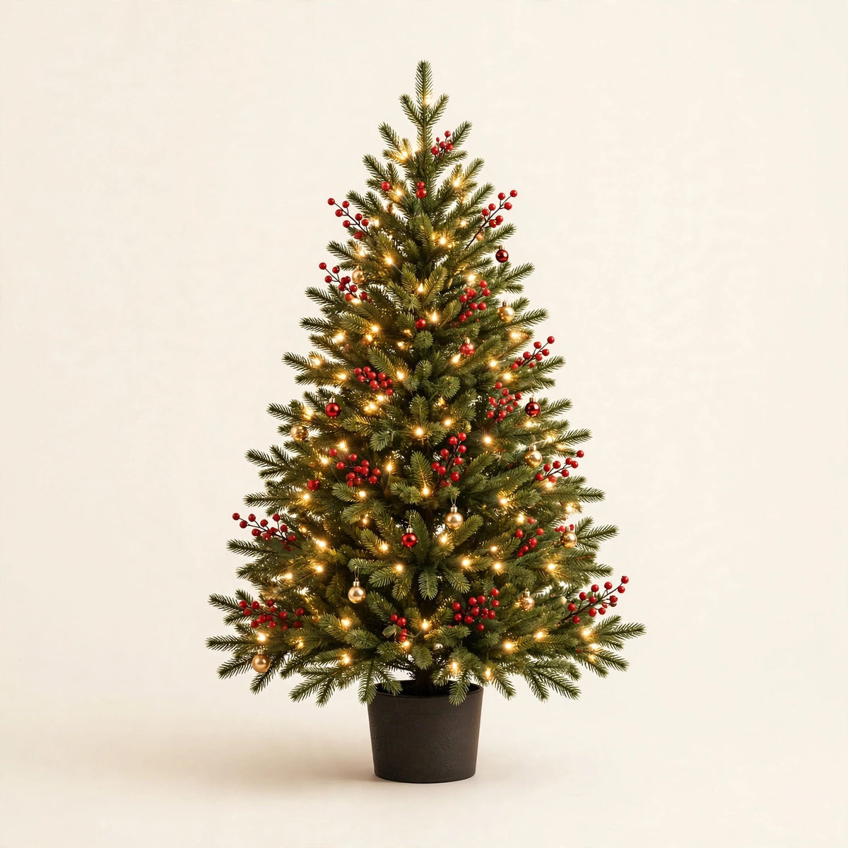 Tabletop Christmas Tree — Pre-Lit with 50 Warm LEDs & Red Berries
