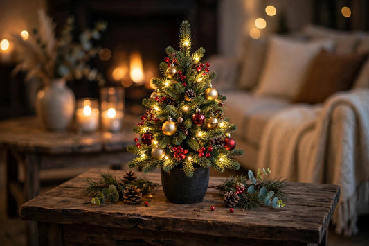 Tabletop Christmas Tree — Pre-Lit with 50 Warm LEDs & Red Berries