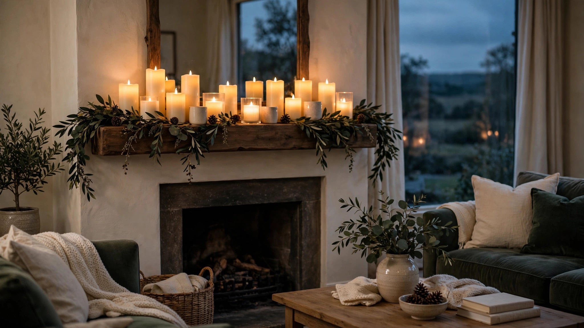 Warm glowing flameless candles arranged on a cozy mantelpiece at dusk