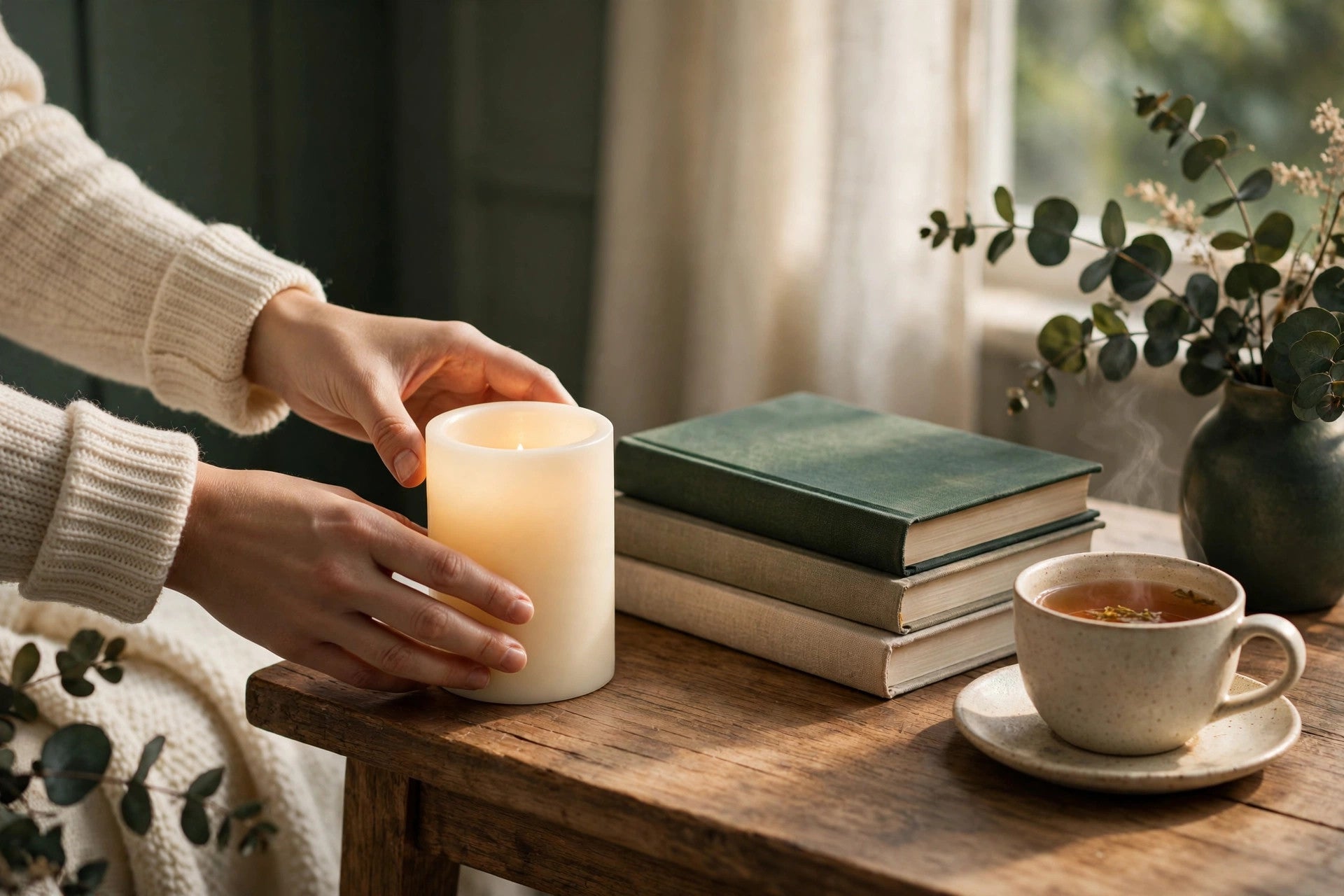 Hands placing a glowing flameless candle on a cozy side table