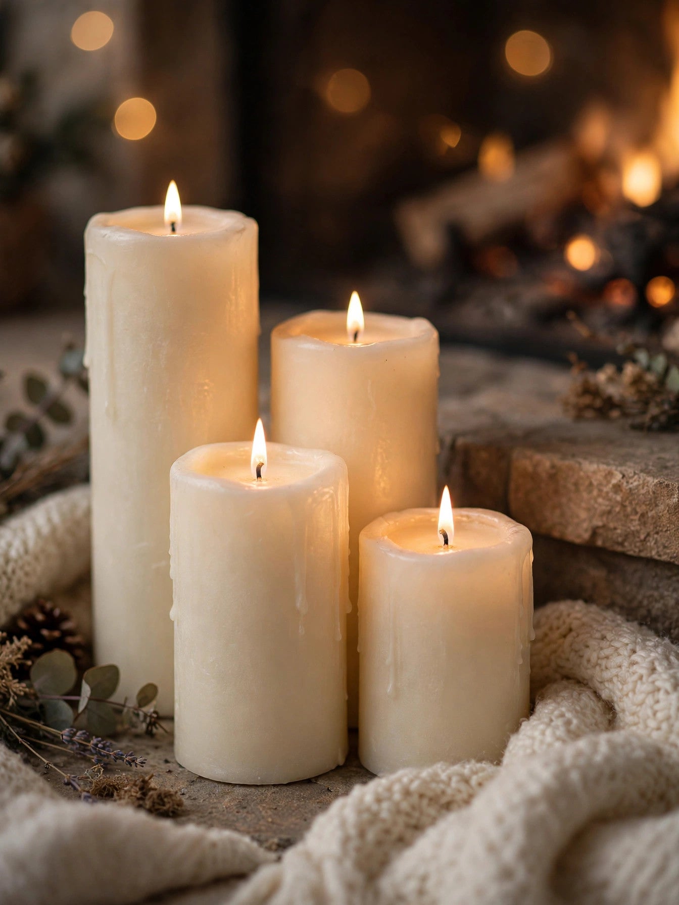 Glowing flameless pillar candles beside a cozy fireplace