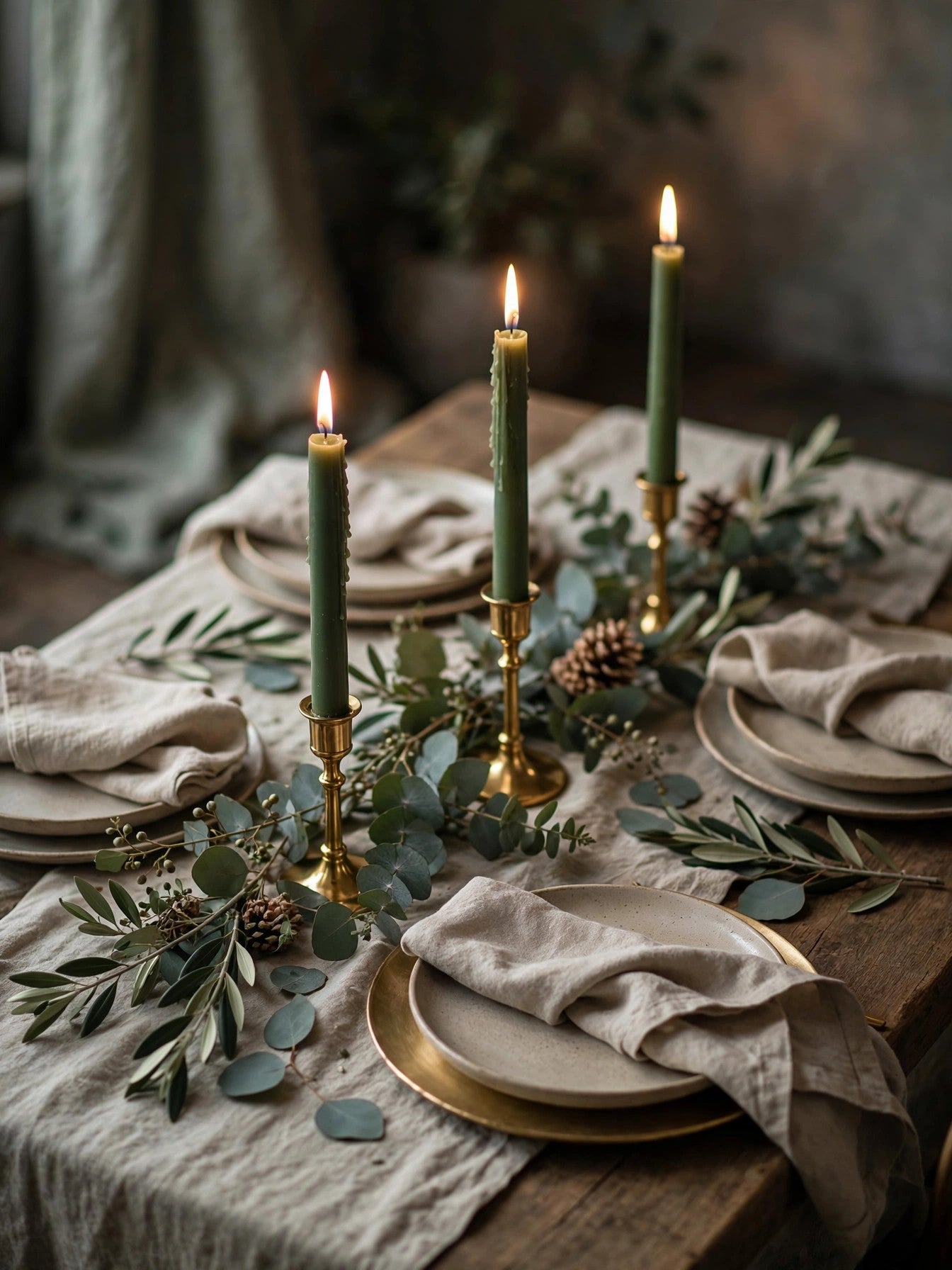 Elegant holiday table setting with taper candles in gold holders
