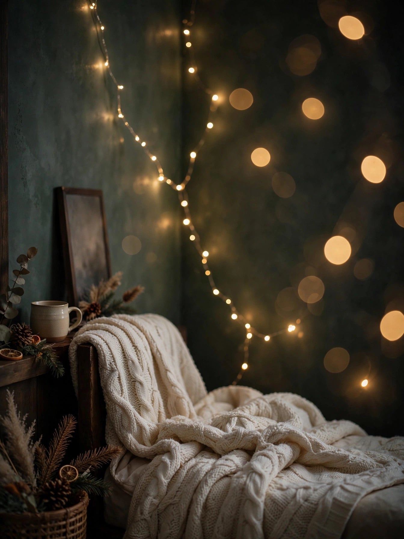 Warm fairy lights glowing in a cozy winter corner